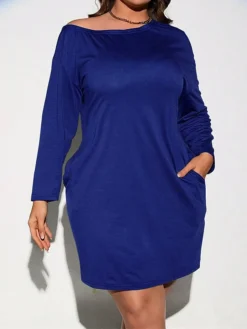 Women's Plus Size Curve Casual Dress Winter Dress T Shirt Dress Tee Dress Plain Mini Dress Long Sleeve Pocket Crew Neck Fashion Outdoor Blue Fall Winter XL XXL 3XL -HANs Plus Size Style Shop edqmfw1697543083259
