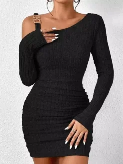 Women's Casual Dress Bodycon Sheath Dress Mini Dress Ruched Cold Shoulder Outdoor Street Daily Active Fashion One Shoulder Long Sleeve 2023 Regular Fit Black Gray Color S M L XL XXL Size -HANs Plus Size Style Shop eebvnz1692936832936
