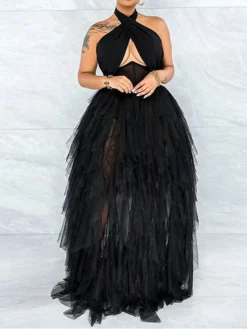 Women's Plus Size Curve Party Dress Swing Dress Halter Neck Dress Plain Long Dress Maxi Dress Sleeveless Mesh Backless Halter Neck Fashion Party Black Pink Fall Winter XL XXL 3XL 4XL 5XL -HANs Plus Size Style Shop eehydi1694151479171