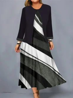 Women's Plus Size Curve Casual Dress Dress Set Two Piece Dress Geometric Color Block Midi Dress Long Sleeve Print Crew Neck Fashion Outdoor Blue Green Fall Winter L XL XXL 3XL 4XL -HANs Plus Size Style Shop eejmub1695362841051