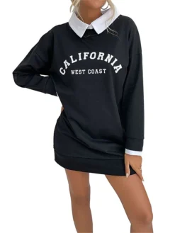 Women's Casual Dress Sweatshirt Dress Winter Dress Letter Patchwork Print Shirt Collar Mini Dress Fashion Streetwear Outdoor Street Long Sleeve Loose Fit Black Army Green Dark Blue Fall Winter S M L -HANs Plus Size Style Shop eespyd1693556896198