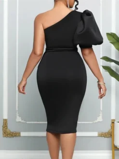 Women‘s Plus Size Curve Party Dress Solid Color One Shoulder Ruffle Short Sleeve Spring Fall Prom Dress Midi Dress Casual Daily Dress -HANs Plus Size Style Shop eewndh1656067339263