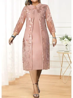 Women's Plus Size Curve Party Dress Dress Set Two Piece Dress Floral Midi Dress 3/4 Length Sleeve Mesh Embroidered Shirt Collar Fashion Party Pink Fall Winter L XL XXL 3XL 4XL