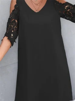 Women's Casual Dress Lace Dress Shift Dress Mini Dress Lace Cold Shoulder Outdoor Street Daily Fashion Streetwear V Neck Half Sleeve 2023 Regular Fit Black Wine Apricot Color S M L XL XXL Size -HANs Plus Size Style Shop eeyjja1691495905809