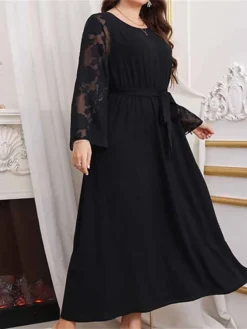 Women's Plus Size Curve Prom Dress Party Dress Wedding Guest Dress Long Dress Maxi Dress Black Long Sleeve Pure Color Lace Up Fall Winter Autumn Crew Neck Fashion Evening Party Wedding Guest -HANs Plus Size Style Shop eezwpw1693210774044