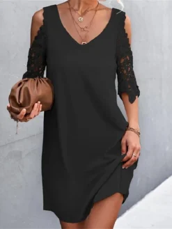 Women's Casual Dress Lace Dress Shift Dress Mini Dress Lace Cold Shoulder Outdoor Street Daily Fashion Streetwear V Neck Half Sleeve 2023 Regular Fit Black Wine Apricot Color S M L XL XXL Size -HANs Plus Size Style Shop efetmc1691495905156