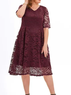 Women‘s Plus Size Curve Party Dress Lace Dress Cocktail Dress Midi Dress Black Pink Wine Half Sleeve Pure Color Lace Summer Spring Fall V Neck Fashion Birthday Wedding Guest Vacation 2023 -HANs Plus Size Style Shop efgvgk1691564496938