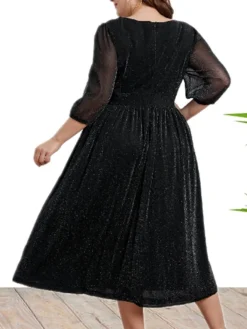 Women's Plus Size Curve Party Dress Black Dress A Line Dress Solid Color Midi Dress 3/4 Length Sleeve Ruched Patchwork V Neck Fashion Wedding Black Spring Fall XL XXL 3XL 4XL -HANs Plus Size Style Shop efjrqy1693533324776