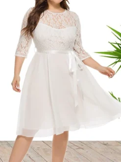 Women's Plus Size Curve Party Dress Lace Dress Sheath Dress Solid Color Midi Dress 3/4 Length Sleeve Lace Up Lace Crew Neck Fashion Wedding White Wine Spring Fall XL XXL 3XL 4XL 5XL