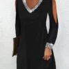 Women's Casual Dress Holiday Dress Black Dress Mini Dress Black Long Sleeve Plain Sequins Summer Spring V Neck Casual Winter Dress Fall Dress 2023 S M L XL 2XL 3XL