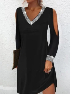 Women's Casual Dress Holiday Dress Black Dress Mini Dress Black Long Sleeve Plain Sequins Summer Spring V Neck Casual Winter Dress Fall Dress 2023 S M L XL 2XL 3XL