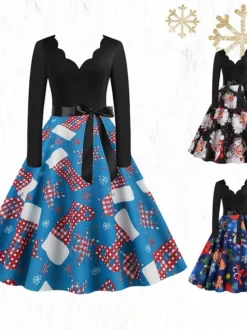 Women's Christmas Swing Dress Vintage DressKnee Length Dress Blue Red Navy Blue Black Long Sleeve Plaid Santa Claus Elk Bow Print Fall Winter V Neck Vacation Vintage 2022 S M L XL XXL 3XL