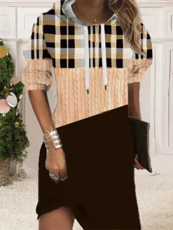 Women‘s Christmas Hoodie Dress Shift Dress Mini Dress Blue Pink Fuchsia Long Sleeve Plaid Print Fall Spring Hooded Daily Vacation Loose Fit 2022 S M L XL XXL 3XL -HANs Plus Size Style Shop egfkqc1668087928213