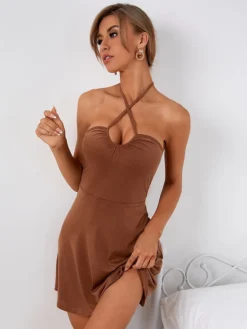 Women's Holiday Dress Sundress Mini Dress Brown Sleeveless Pure Color Summer Spring Cold Shoulder Sexy Slim 2023 S M L XL -HANs Plus Size Style Shop egkefx1626067848456