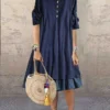 Women's Casual Dress Shift Dress Plain Dress Plain Ruched Ruffle Crew Neck Midi Dress Basic Classic Outdoor Daily 3/4 Length Sleeve Loose Fit Dark Blue Spring Summer S M L XL XXL