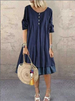 Women's Casual Dress Shift Dress Plain Dress Plain Ruched Ruffle Crew Neck Midi Dress Basic Classic Outdoor Daily 3/4 Length Sleeve Loose Fit Dark Blue Spring Summer S M L XL XXL