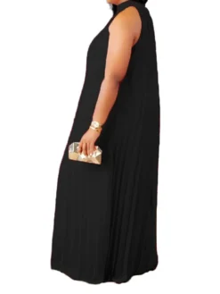 Women's Plus Size Curve Shift Dress Solid Color Halter Neck Ruched Sleeveless Spring Summer Basic Maxi Long Dress Casual Daily Dress -HANs Plus Size Style Shop egqkfe1654676761532