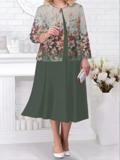 Women's Plus Size Curve Two Piece Dress Set Casual Dress Swing Dress Outdoor Office Fashion Streetwear Print Midi Dress Crew Neck Long Sleeve Floral Purple Brown Green Fall Winter L XL XXL 3XL