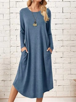 Women's T Shirt Dress Tee Dress Linen Dress Black Dress Midi Dress Black Wine Light Grey Long Sleeve Pure Color Pocket Summer Spring Crew Neck Classic Winter Dress Fall Dress Loose Fit 2023 S M L XL -HANs Plus Size Style Shop egzauj1661924827224