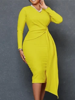 Women‘s Plus Size Curve Work Dress Solid Color V Neck Long Sleeve Fall Winter Elegant Formal Knee Length Dress Formal Date Dress -HANs Plus Size Style Shop ehccwk1663308378209