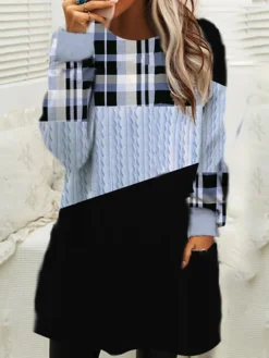 Women‘s Christmas Sweatshirt Dress Shift Dress Mini Dress Blue Pink Fuchsia Long Sleeve Plaid Pocket Winter Fall Autumn Crew Neck Loose Fit 2022 S M L XL XXL 3XL -HANs Plus Size Style Shop ehfqev1667287120732