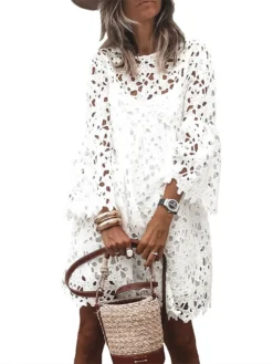 Women‘s Sheath Dress Mini Dress White Red Long Sleeve Solid Color Lace Hollow To Waist Spring Summer Round Neck Elegant Romantic Flare Cuff Sleeve 2023 S M L XL XXL -HANs Plus Size Style Shop ehpycd1635393401214