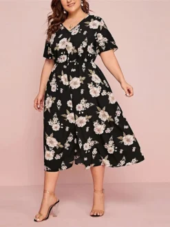 Women‘s Plus Size Curve Casual Dress A Line Dress Floral Dress Floral Midi Dress Short Sleeve Print V Neck Fashion Daily Black White Spring Summer L XL XXL 3XL -HANs Plus Size Style Shop ehsojd1672800354129