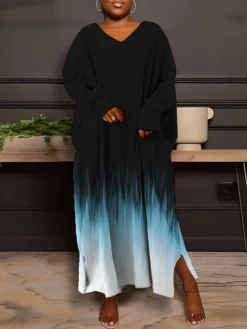 Women's Plus Size Curve Casual Dress Sweatshirt Dress Winter Dress Floral Gradient Long Dress Maxi Dress Long Sleeve Split Print V Neck Fashion Outdoor Pink Blue Fall Winter L XL XXL 3XL 4XL -HANs Plus Size Style Shop ehwooh1693386776433