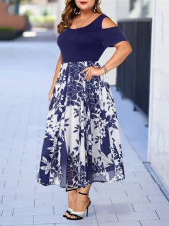 Women‘s Plus Size Curve Casual Dress Skater Dress A Line Dress Floral Long Dress Maxi Dress Short Sleeve Hollow Out Print Crew Neck Fashion Outdoor Black Wine Summer Spring L XL XXL 3XL 4XL -HANs Plus Size Style Shop eiaudp1678257279771