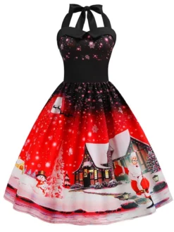 Women's Christmas Knee Length Dress Blue Purple Blushing Pink Red Sleeveless Print Lace Up Print Fall Summer Halter Neck VintageParty Slim 2021 S M L XL XXL -HANs Plus Size Style Shop eicnxo1601018455189