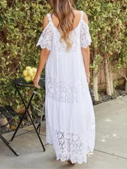 Women's Long Dress Maxi Dress Casual Dress Lace Dress White Dress Plain Fashion Modern Daily Holiday Vacation Lace Cold Shoulder Short Sleeve Square Neck Dress Regular Fit White Beige Summer Spring S -HANs Plus Size Style Shop eicswn1680502367782