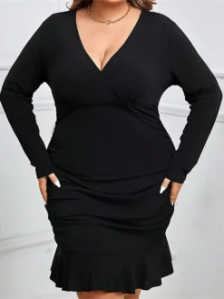 Women's Plus Size Curve Party Dress Bodycon Sheath Dress Plain Midi Dress Long Sleeve Ruched Ruffle V Neck Fashion Party Black Fall Winter XL XXL 3XL -HANs Plus Size Style Shop eihvcp1695026156798