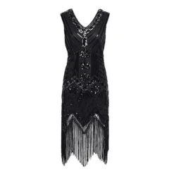 Women's Retro 1920s Fringe Dress Midi Dress Party Halloween Sequins Tassel Fringe Floral V Neck Sleeveless Regular Fit Spring Fall 2023 Black White S M L XL -HANs Plus Size Style Shop eijhul1692610416699