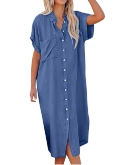 Women's Casual Dress Denim Shirt Dress Midi Dress Denim Fashion Casual Outdoor Daily Vacation Shirt Collar Button Pocket Short Sleeve Summer Spring Fall 2023 Loose Fit Navy Blue Blue Sky Blue Plain S -HANs Plus Size Style Shop eimpdj1675073413229