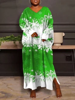 Women's Christmas Plus Size Curve Casual Dress Winter Dress Snowflake Long Dress Maxi Dress Long Sleeve Print V Neck Fashion Outdoor Red Blue Fall Winter L XL XXL 3XL 4XL -HANs Plus Size Style Shop eiqnyt1695360876428