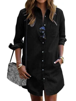 Women's Denim Dress Shirt Dress Shift Dress Mini Dress Outdoor Winter Dress Daily Cotton Denim Casual Shirt Collar Button Pocket Long Sleeve Summer Spring Fall 2023 Regular Fit Black Army Green Dark -HANs Plus Size Style Shop eixykb1653299661720