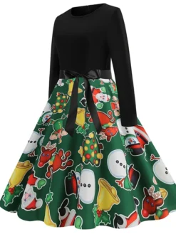 Women's Christmas Swing Dress Vintage Dress Midi Dress Green Blue Light Green Long Sleeve Santa Claus Bow Winter Fall Autumn Crew Neck Fashion Daily Date 2022 S M L XL XXL 3XL -HANs Plus Size Style Shop eiyikd1667894620194
