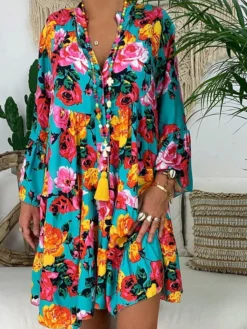 Women‘s Plus Size Curve Casual Dress Floral V Neck Print Long Sleeve Fall Spring Casual Short Mini Dress Daily Vacation Dress -HANs Plus Size Style Shop eizpgt1660643937636