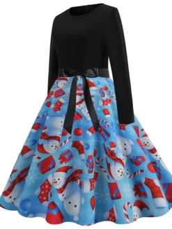 Women's Christmas Casual Dress Swing Dress Vintage Dress Midi Dress Green Blue Royal Blue Long Sleeve Color Block Bow Winter Fall Autumn V Neck Slim 2022 S M L XL XXL 3XL -HANs Plus Size Style Shop ejfeau1666761741803