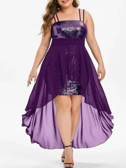 Women‘s Plus Size Curve Party Dress Sequin Dress Slip Dress Sequin Color Block Midi Dress Sleeveless Patchwork Plus High Low Strap Fashion Party Black Wine Summer Spring L XL XXL 3XL 4XL -HANs Plus Size Style Shop ejgyvp1678785658978
