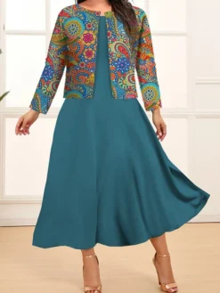 Women's Plus Size Two Piece Dress Set Casual Dress Paisley Dress Outdoor Office Fashion Streetwear Print Midi Dress Crew Neck Long Sleeve Floral Paisley Regular Fit Navy Blue Blue Fuchsia Fall Winter -HANs Plus Size Style Shop ejmlfo1693376684139