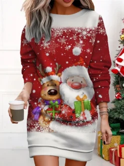 Women's Christmas Casual Dress Sweatshirt Dress Mini Dress Warm Fashion Outdoor Vacation Crew Neck Print Santa Claus Christmas Tree Loose Fit ArmyGreen Wine Rusty Red S M L XL XXL