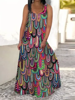 Women‘s Plus Size Curve Casual Dress Swing Dress Strap Dress Graphic Long Dress Maxi Dress Sleeveless Print Strap Romantic Daily Purple Summer Spring L XL XXL 3XL 4XL