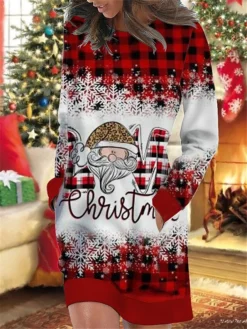 Women's Christmas Casual Dress Sweatshirt Dress Mini Dress Warm Fashion OutdoorHoliday Crew Neck Pocket Print Geometric Santa Claus Snowflake Loose Fit Red Blue Green S M L XL XXL