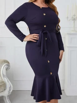 Women‘s Plus Size Curve Work Dress Sheath Dress Semi Formal Dress Fashion Midi Dress Lace Up Ruffle Crew Neck Long Sleeve Plain Regular Fit Navy Blue Spring Fall XL XXL 3XL 4XL -HANs Plus Size Style Shop ekkkkf1675059817985