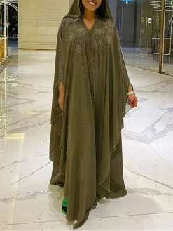 Women‘s Plus Size Curve Casual Dress Shift Dress Kaftan Dress Floral Long Dress Maxi Dress Long Sleeve Layered Hooded Elegant Outdoor Green Summer Spring One Size -HANs Plus Size Style Shop ekmtbr1680240769083