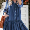 Women's Denim Dress Denim Shirt Dress Midi Dress Cotton Denim Casual Outdoor Winter Dress Daily V Neck Ruched Pocket Long Sleeve Summer Spring Fall 2023 Loose Fit Blue Pure Color S M L XL XXL