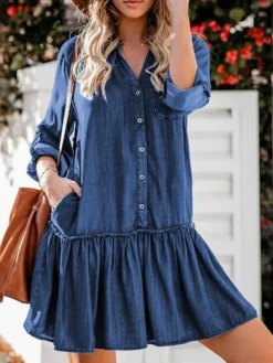 Women's Denim Dress Denim Shirt Dress Midi Dress Cotton Denim Casual Outdoor Winter Dress Daily V Neck Ruched Pocket Long Sleeve Summer Spring Fall 2023 Loose Fit Blue Pure Color S M L XL XXL