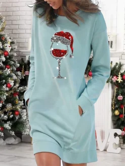 Women's Casual Dress Sweatshirt Dress Shift Dress Mini Dress Light Blue White Grey Long Sleeve Christmas Hat Pocket Fall Winter Autumn Crew Neck Stylish Winter Dress Christmas Fall Dress Loose Fit