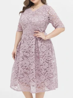 Women‘s Plus Size Curve Party Dress Lace Dress Cocktail Dress Midi Dress Black Pink Wine Half Sleeve Pure Color Lace Summer Spring Fall V Neck Fashion Birthday Wedding Guest Vacation 2023 -HANs Plus Size Style Shop ekqgvl1691564486721